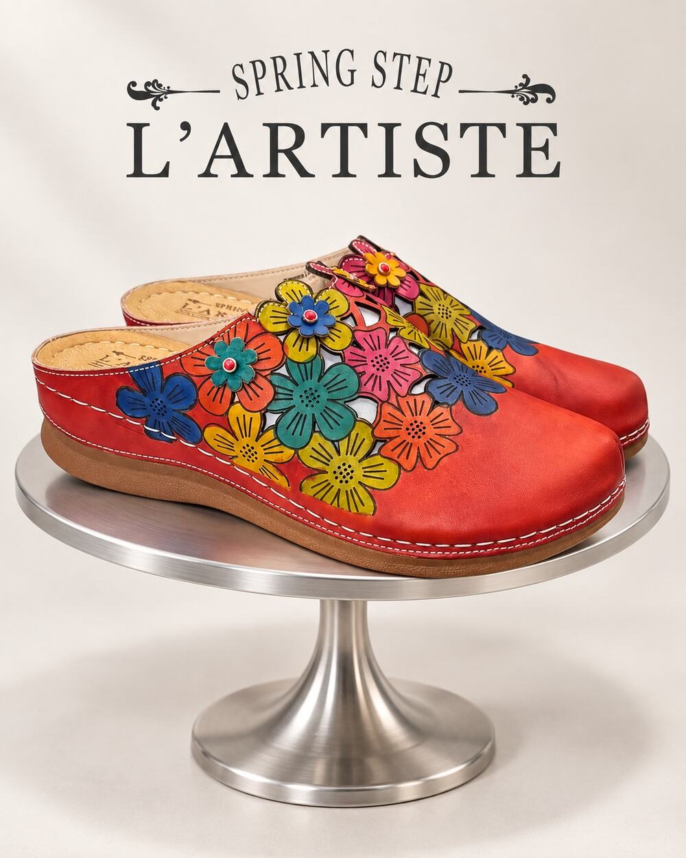 L’Artiste Spring Step Augi Red Multi Floral Leather Clogs EU 41 US 9.5-10 NIB